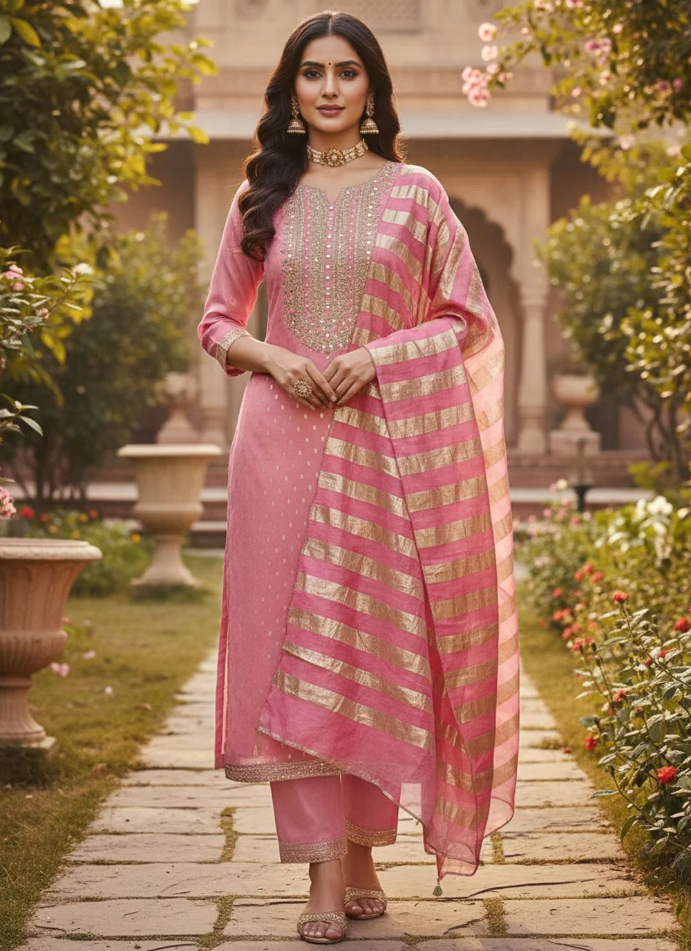 Pink Jacquard Silk Pant Style Suit With Embroidery
